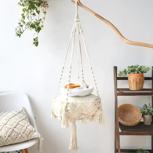 Luxurious Hand-Woven Cotton indoor Cat Hammock Hanging Basket_0